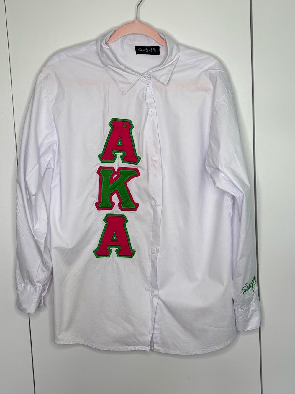 White Alpha Kappa Alpha Button-Up Shirt - Hot Pink & Green appliqué Lettering